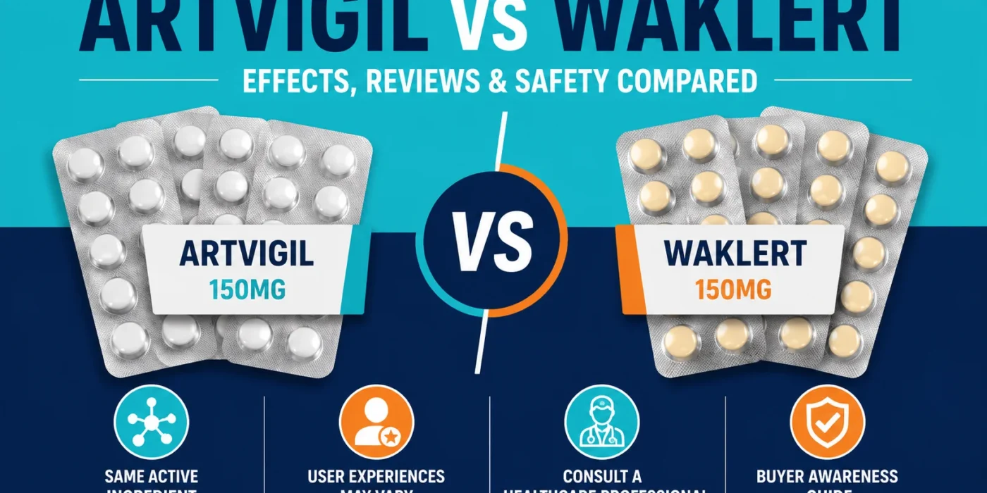 Artvigil vs Waklert 150mg comparison image with blister packs, VS divider, and safety awareness icons.