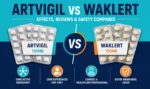 Artvigil vs Waklert 150mg comparison image with blister packs, VS divider, and safety awareness icons.
