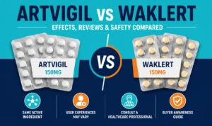 Artvigil vs Waklert 150mg comparison image with blister packs, VS divider, and safety awareness icons.