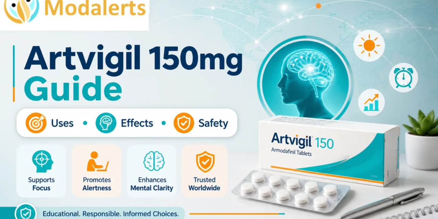 Artvigil 150mg guide image showing armodafinil tablets, brain focus icon, and safety symbols for healthcare education.