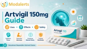 Artvigil 150mg guide image showing armodafinil tablets, brain focus icon, and safety symbols for healthcare education.