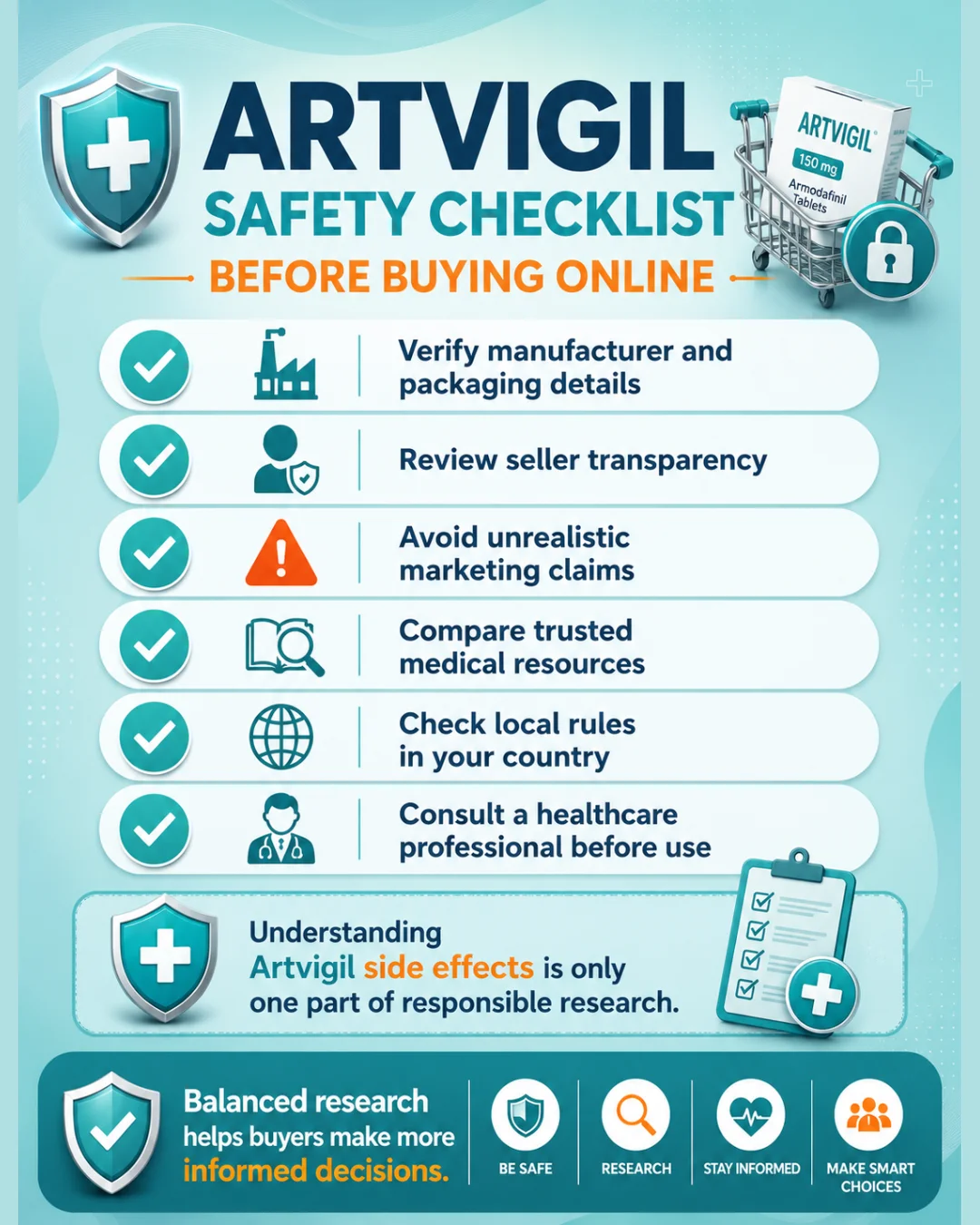 Mobile infographic showing an Artvigil online buying safety checklist with packaging checks, seller review tips, medical resource comparison, and healthcare guidance.