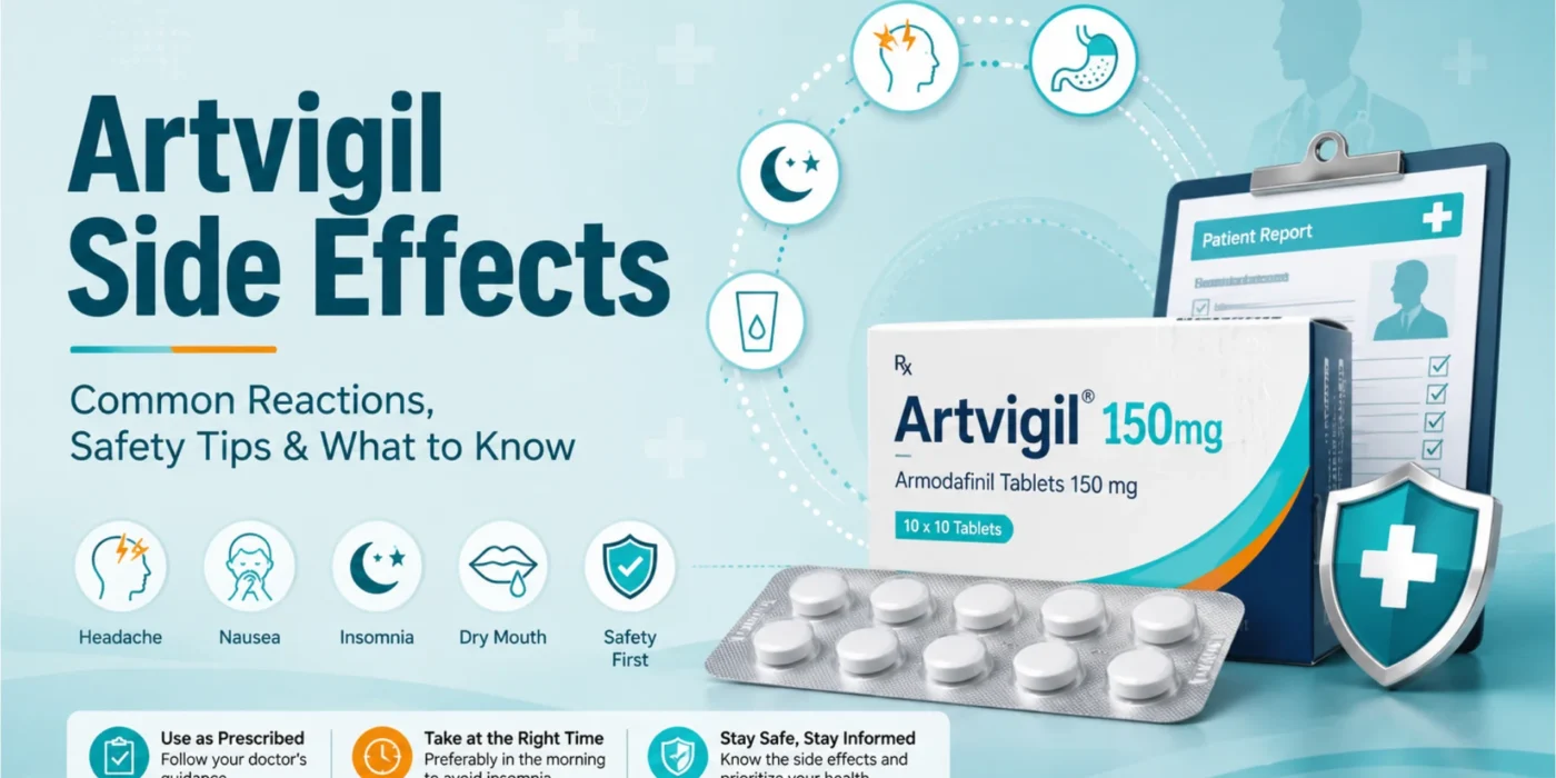 Artvigil 150mg side effects infographic showing common reactions like headache, nausea, insomnia, dry mouth, and safety tips.
