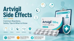 Artvigil 150mg side effects infographic showing common reactions like headache, nausea, insomnia, dry mouth, and safety tips.