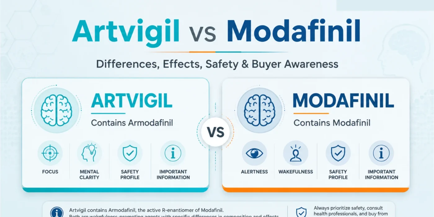 Artvigil vs Modafinil comparison image showing Armodafinil and Modafinil differences, effects, safety, and buyer awareness.