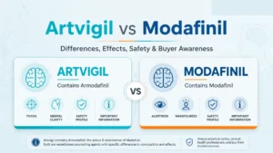 Artvigil vs Modafinil comparison image showing Armodafinil and Modafinil differences, effects, safety, and buyer awareness.