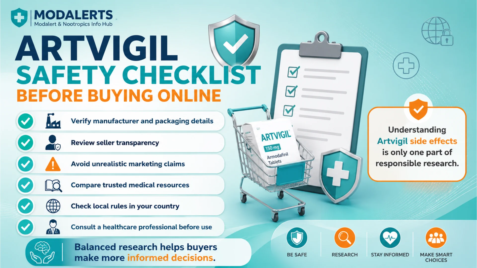Artvigil safety checklist infographic explaining responsible online research, buyer safety tips, and artvigil side effects awareness before purchase.