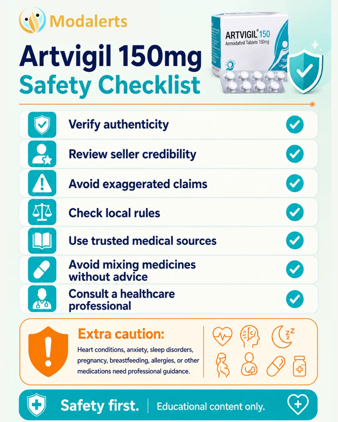 Mobile safety checklist infographic showing authenticity checks, seller credibility review, legal rules, trusted medical sources, medicine-mixing caution, and professional healthcare guidance.