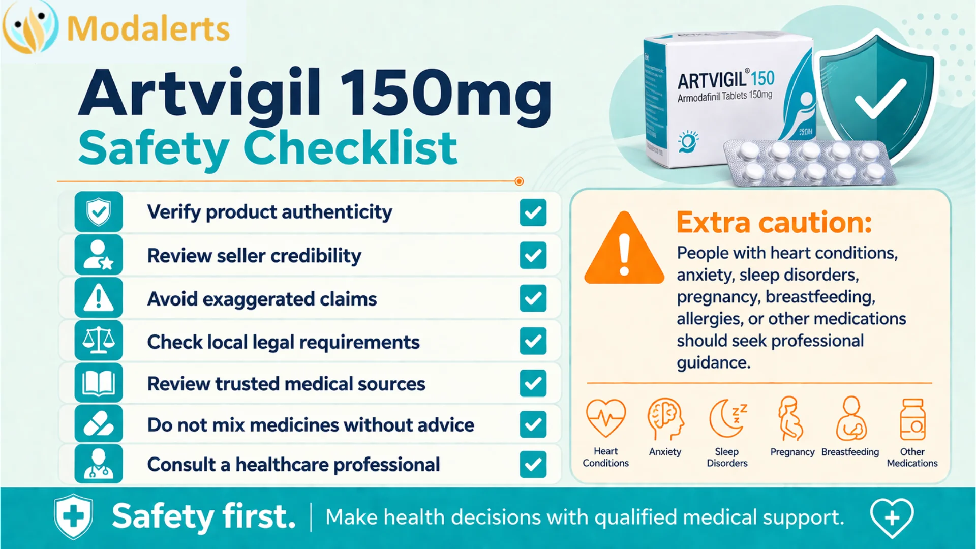 Artvigil 150mg safety checklist infographic showing key precautions, authenticity checks, seller credibility, legal requirements, medical source review, and healthcare guidance.