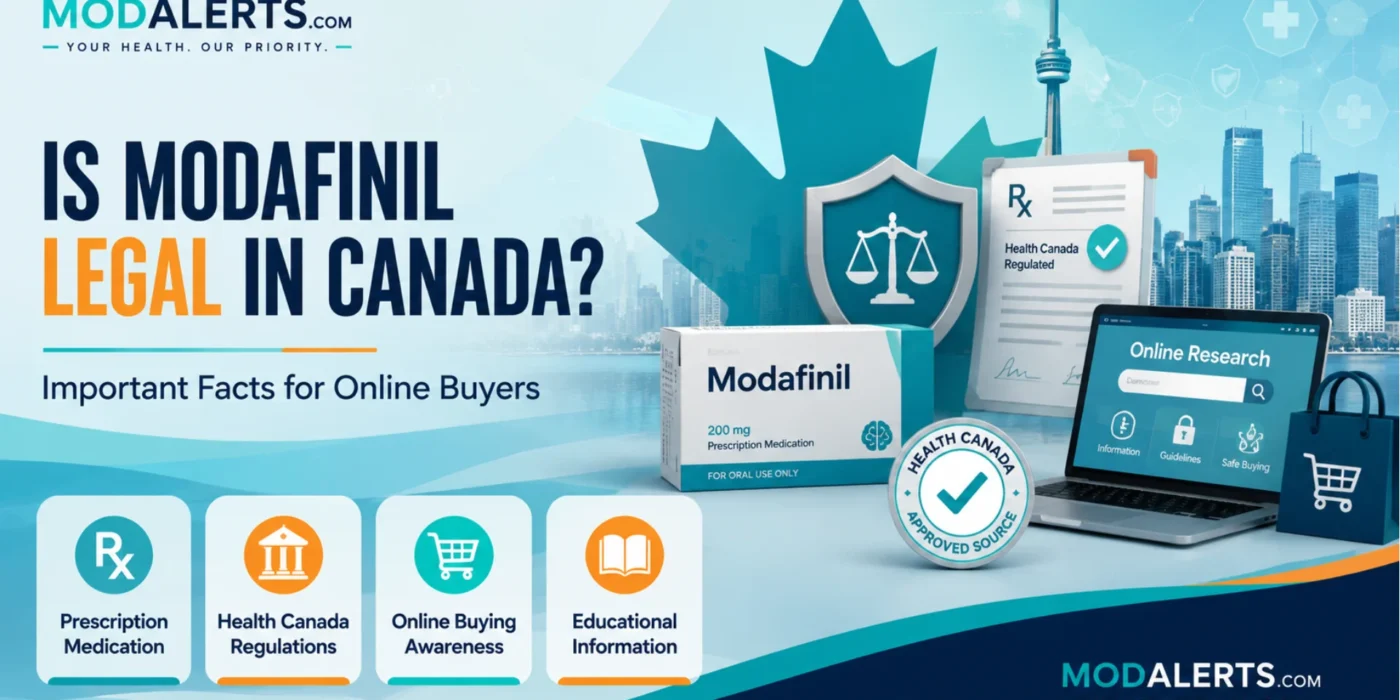 Featured image explaining is modafinil legal in Canada, with Canadian symbols, Health Canada regulations, prescription medication, and online buying awareness.