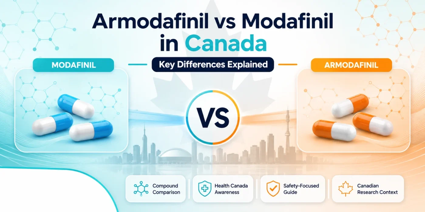 armodafinil vs modafinil canada comparison infographic with capsules, Canadian maple leaf, and safety-focused healthcare badges