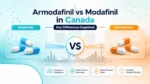 armodafinil vs modafinil canada comparison infographic with capsules, Canadian maple leaf, and safety-focused healthcare badges