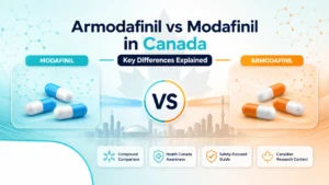 armodafinil vs modafinil canada comparison infographic with capsules, Canadian maple leaf, and safety-focused healthcare badges