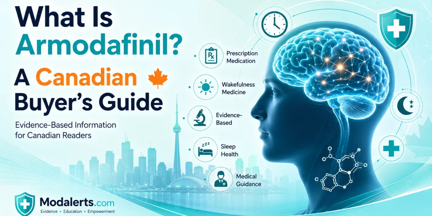 Armodafinil Canada educational illustration showing a human brain, medical icons, and Canadian healthcare symbols for an evidence-based buyer's guide.