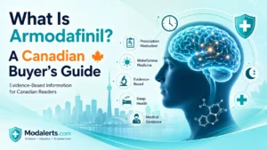 Armodafinil Canada educational illustration showing a human brain, medical icons, and Canadian healthcare symbols for an evidence-based buyer's guide.