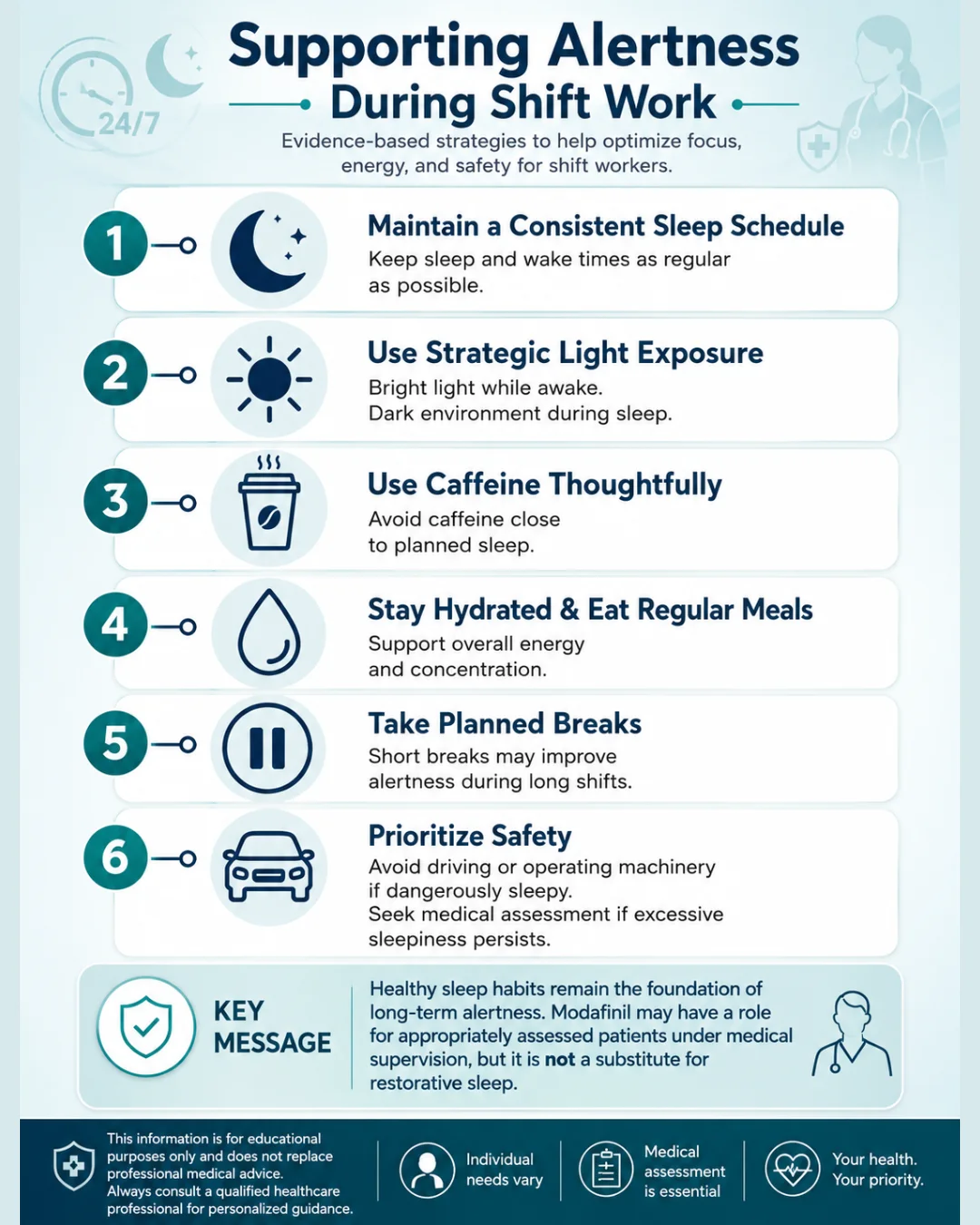 Mobile medical infographic illustrating six healthy habits for maintaining energy and reducing fatigue, including regular sleep, strategic light exposure, mindful caffeine use, hydration, planned breaks, and safety precautions.