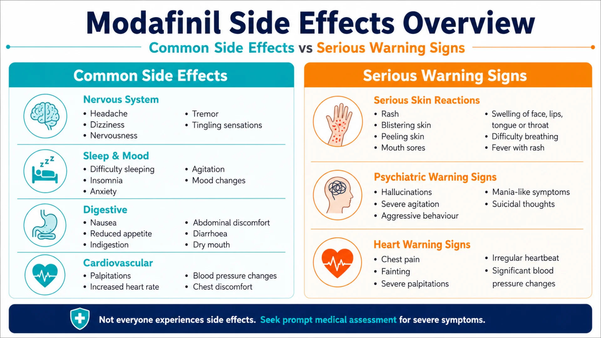 Modafinil side effects Canada infographic comparing common symptoms such as headache, insomnia and nausea with serious skin, psychiatric and heart warning signs.