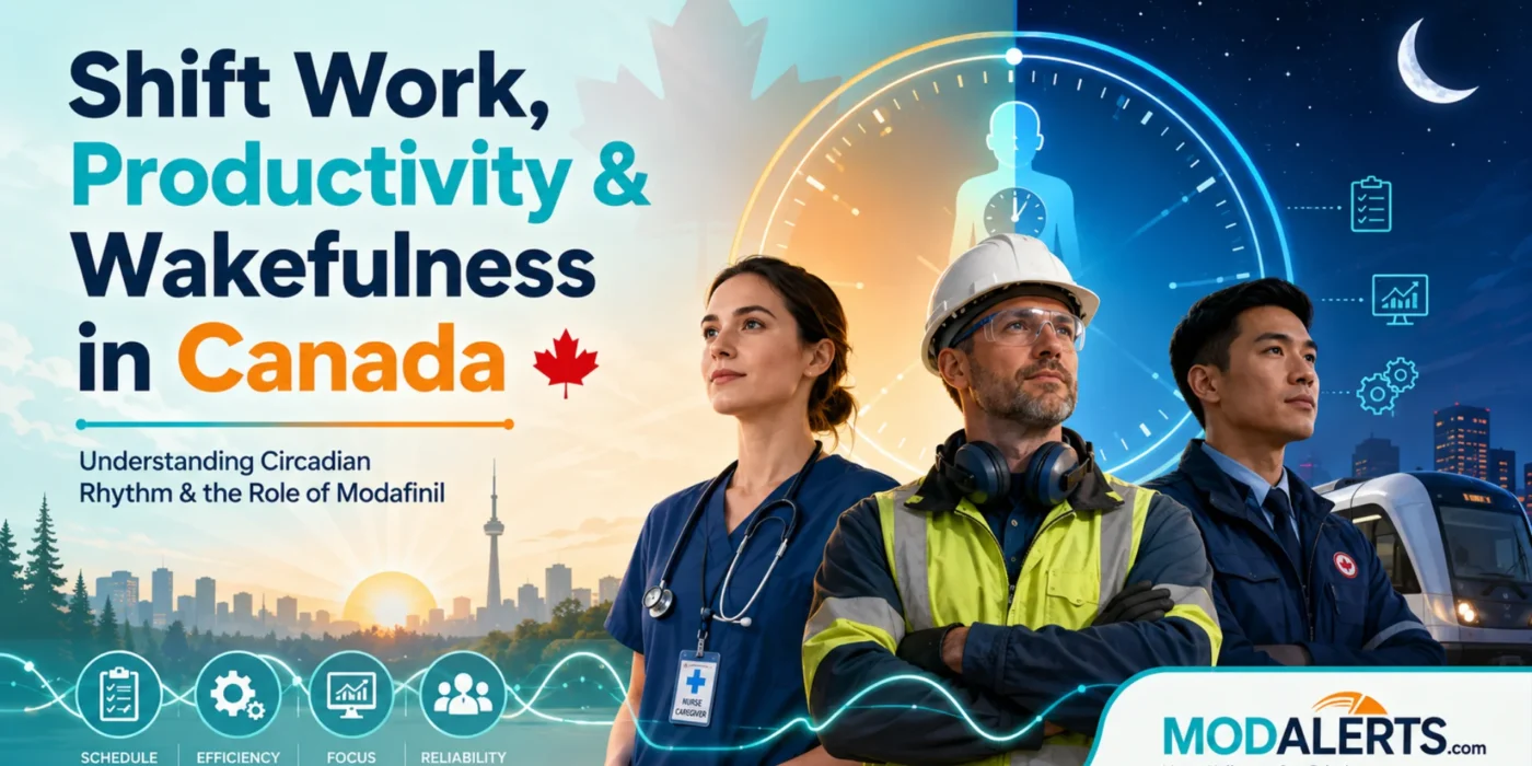 Modafinil for shift work Canada illustration featuring a nurse, industrial worker, and transportation worker with a circadian clock and day-to-night background.