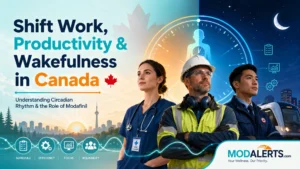 Modafinil for shift work Canada illustration featuring a nurse, industrial worker, and transportation worker with a circadian clock and day-to-night background.