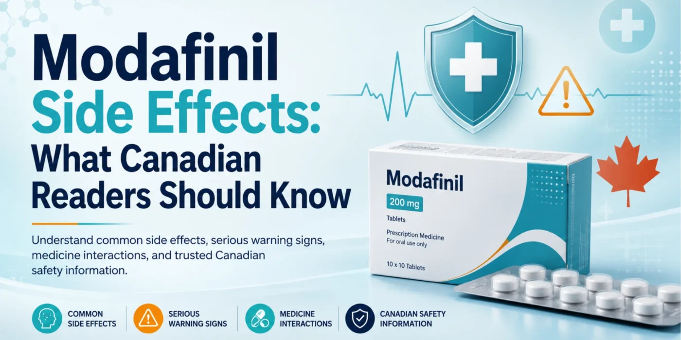 Modafinil side effects Canada guide showing common reactions, serious warning signs, medicine interactions, and Canadian safety information.