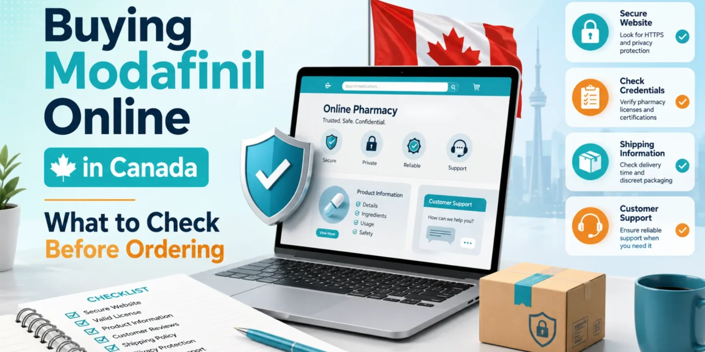 Buy modafinil online Canada research checklist showing website security, pharmacy credentials, privacy, shipping information, product details, and customer support.