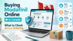Buy modafinil online Canada research checklist showing website security, pharmacy credentials, privacy, shipping information, product details, and customer support.