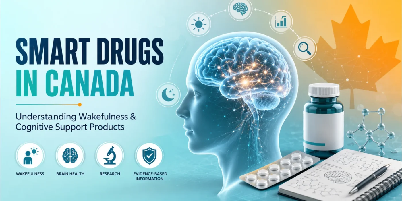 Smart drugs Canada educational graphic showing brain health, wakefulness, scientific research, and evidence-based cognitive support products