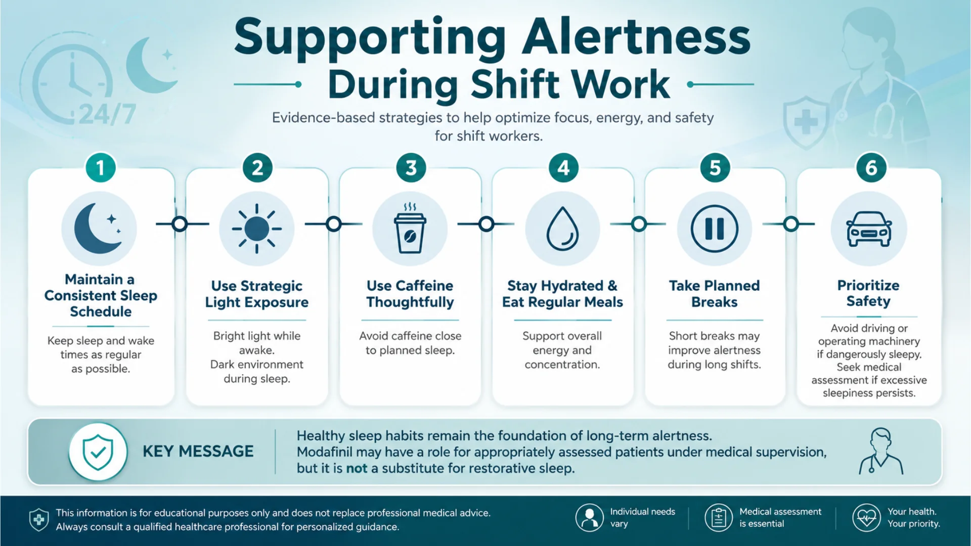 Medical infographic about modafinil for shift work Canada, showing six strategies to support alertness, including consistent sleep, light exposure, caffeine timing, hydration, breaks, and workplace safety.