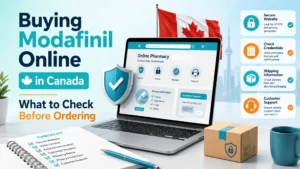Buy modafinil online Canada research checklist showing website security, pharmacy credentials, privacy, shipping information, product details, and customer support.