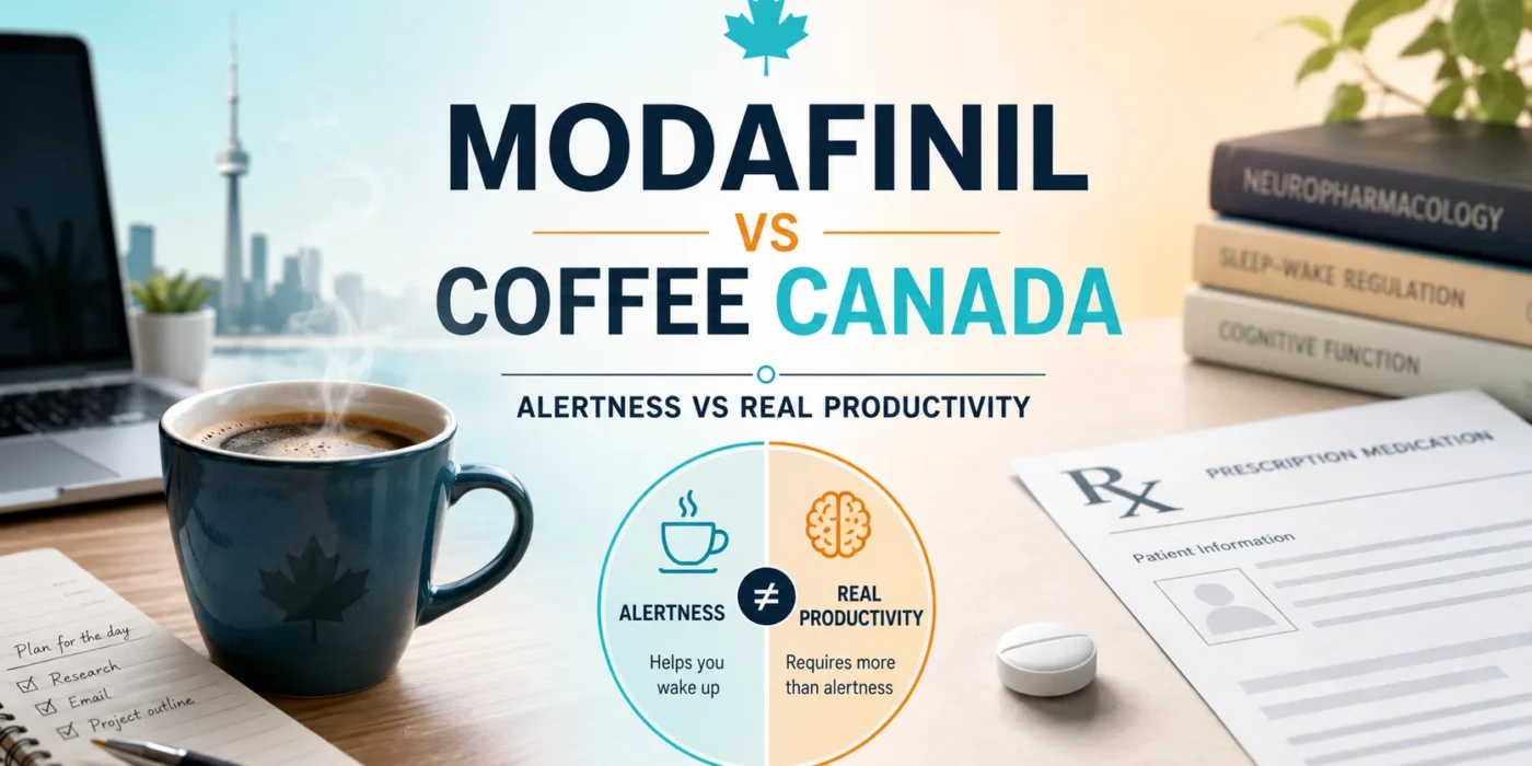 Modafinil vs coffee Canada comparison showing coffee and prescription Modafinil in the context of alertness and real productivity.