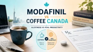 Modafinil vs coffee Canada comparison showing coffee and prescription Modafinil in the context of alertness and real productivity.