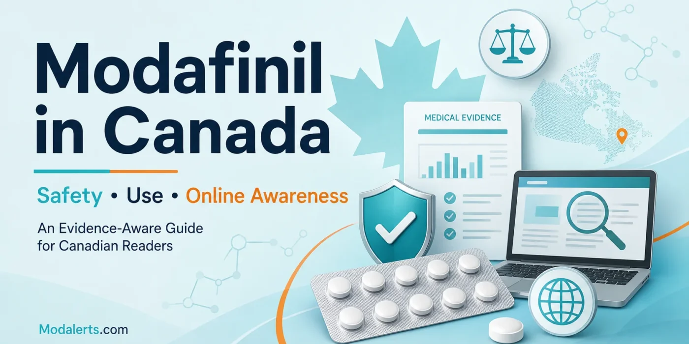 Modafinil Canada safety and online awareness guide featuring medical evidence, Canadian context, medication safety, and online research.