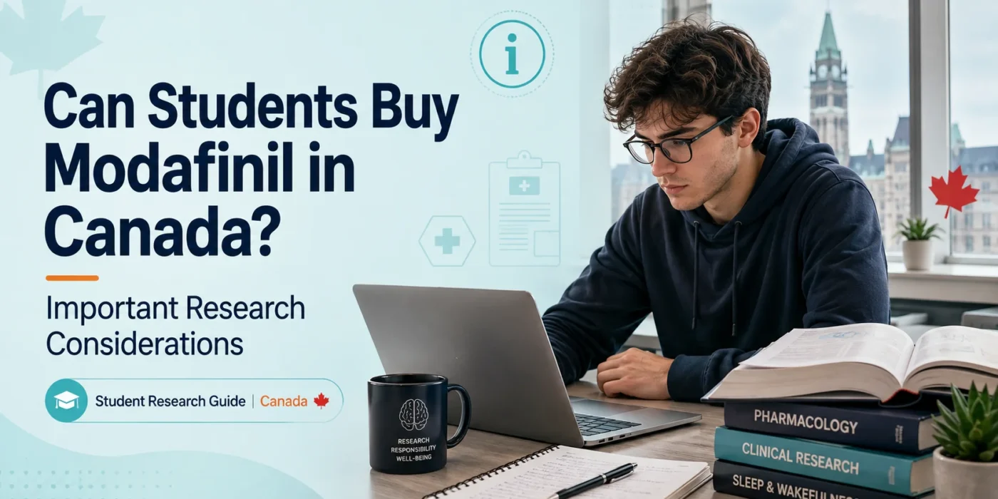 Modafinil students Canada research guide showing a university student reviewing prescription medicine and health information.