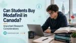 Modafinil students Canada research guide showing a university student reviewing prescription medicine and health information.