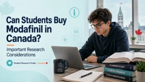 Modafinil students Canada research guide showing a university student reviewing prescription medicine and health information.