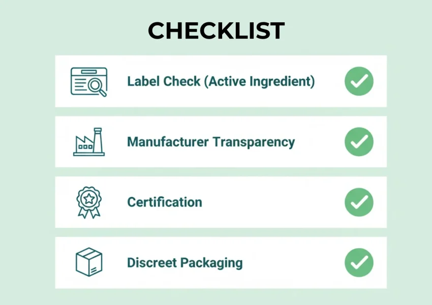 Checklist infographic for verifying genuine generic Tadalafil online.