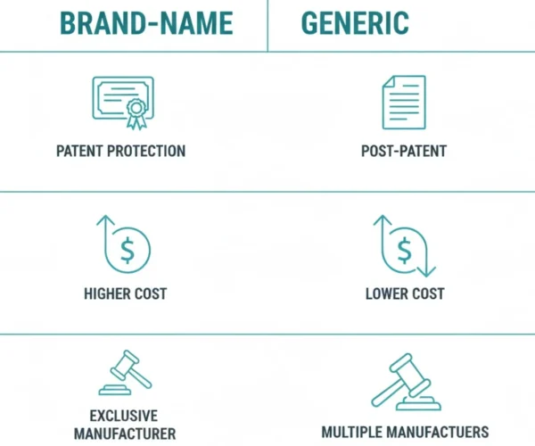 Is Tadalafil a Generic or Brand Name?Comparison chart showing differences between brand-name and generic drugs such as patent protection, cost, and manufacturers.