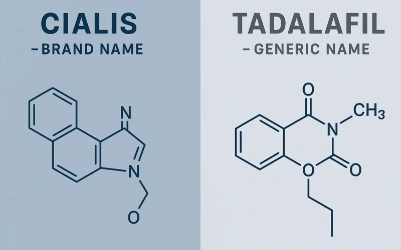 Split infographic showing Cialis as the brand name and Tadalafil as the generic name with shared chemical structure